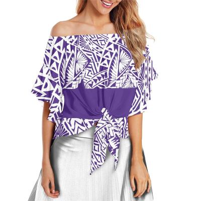 China Polynesian Tribal Print Pattern Anti-Pilling Knot Shirt Purple & White Custom Off Shoulder Top Women Hawaiian Ladies Tops Blouse for sale