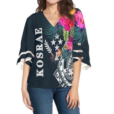 China Polynesian Tribal ISLAND Kosrae Apparel Anti-Pilling Flower Print Customization Colorful Chiffon Butterfly Wrap Floral Blouse Women Design for sale