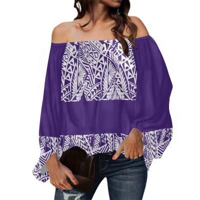 China Custom Polynesian Tribal Chiffon Print Pattern Anti Pilling Purple Ladies Blouse Tops and White Plus Size Women's Blouses and Shirts for sale