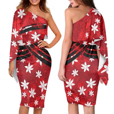 China Breathable Drop Shipping Bodycon Dresses Casual Women Tiara Flower Print Custom Polynesian Tribal Red Prom Dresses One Shoulder Slim Dress for sale