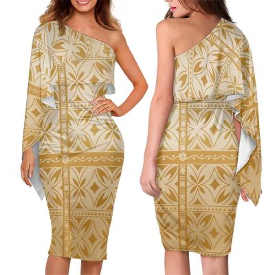 China Breathable Women Bodycon Dresses Polynesian Samoan Tribal Gold Party Dresses Tapa Masi Fiji Tonga Print Custom By Shawl Spandex Party for sale