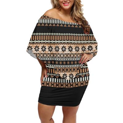 China Anti-Static Polynesian Tribal Ladies Bodycon Mini Dress Casual Dresses For Off Shoulder Fiji Masi Tapa Print Custom Off The Shoulder Fat Samoa for sale