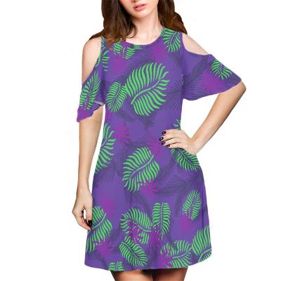 China Breathable Streetwear Clothing Manufacturers Polynesian Tribal Hawaiian Dresses Manufacturers Purple Palm Leaves Flower Print Custom Chill Dress for sale