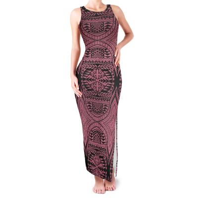 China Anti-Wrinkle Women's Beach Dress With Slit Retro Polynesian Tribal Pattern Printing Red Custom Your Logo Or Picture Maxi Dresses Women Wholesale for sale