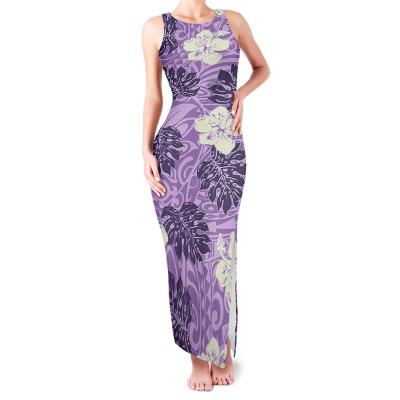 China Anti-wrinkle Hibiscus and Monster Polynesian Tribal Hawaiian Purple Leaves Print Custom Women Plus Size Sleeveless Elegant Princess Dress for sale