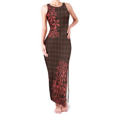 China Flower Women Casual Dresses Women Anti-Wrinkle Maxi Dress Summer Sexy Lady Elegant Party Custom Made Red Polynesian Tribal High Print Side Slit for sale