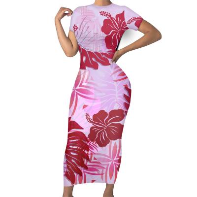 China Lady Elegant Casual Dresses Breathable Polynesian Tribal Clothing Hibiscus Hawaiian Pink Flower And Leaves Print Custom Made Casual Dress for sale