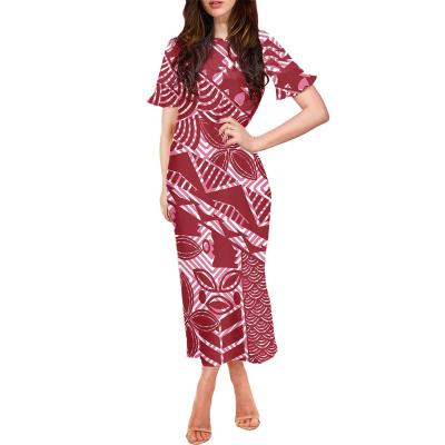 China Samoa Anti-Static Polynesian Tribal Pink Tapa Print Custom Petal Sleeve Dress Summer Bodycon Dress Women Short Party Dresses Beads for sale