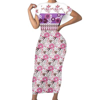 China Anti-Static Female Dresses With Bodycon Pink And White Butt Bohemian Flowers Design Custom Short Sleeve Dress Summer Stretching Dress for sale