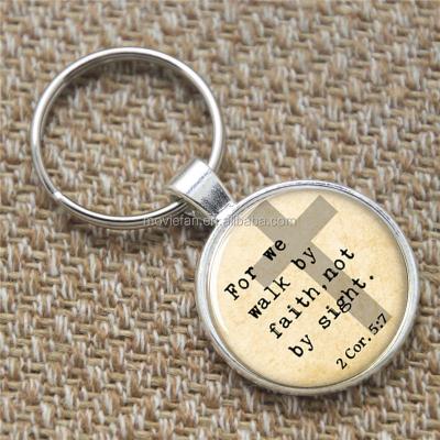 China Metal Keychain Because We Walk By Faith Not By Faith Christian Jewelry Glass Photo Key Ring Keychain for sale