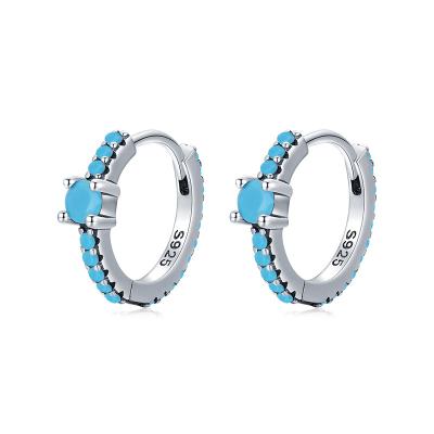 China Professional FASHIONABLE RHE974 925 Sterling Silver Zirconia Huggie Earrings Blue Circle Hoop Earring For Ladies for sale