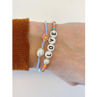 China BOHEMIA Letter Charm Custom Acrylic Bangle Women Stainless Steel Handmade Natural Pearl Bracelets for sale