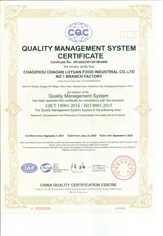 ISO9001 - Chaozhou Chaoan Luyuan Food Industral Co., Ltd.