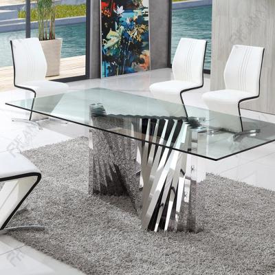 China Fanxi Factory Restaurant Dining Furniture Stainless Steel Silver Dining Table Modern Tempered Glass Dining Tables for sale