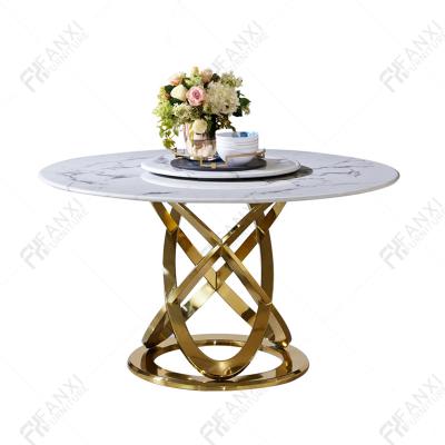 China Fanxi stainless steel factory luxury gold metal dining table set marble top dining tables with chairs for home stone/marble furniture for sale