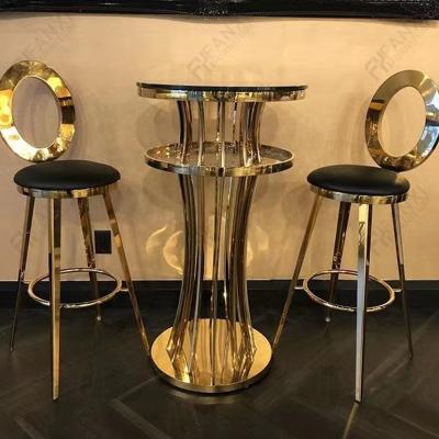 China Modern high end gold metal kitchen furniture factory Fanxi stainless steel high table and glass bar stools bar tables for sale