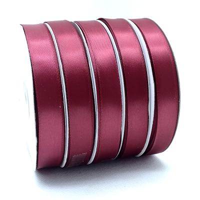 China Wholesale Recyled 15mm 50yard ribbon factory custom per roll wine red color polyester single face satin ribbon for sale