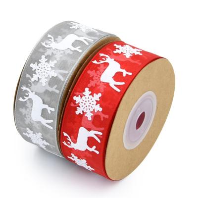 China Floral 2.5cm 20yard per roll christmas deer snowflake decoration ribbon, custom logo organza transparent sheer printed ribbon for sale