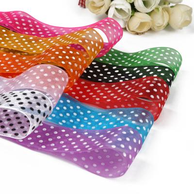 China Wholesale Recyled garment accessories polka dot organza ribbon, silk screen ink printed sheer organza ribbon for sale