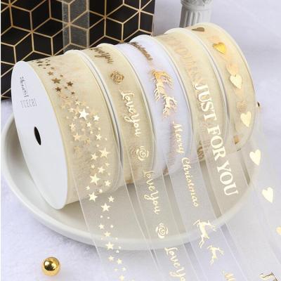 China Present Recyled DIY Wrapping Custom 1 Inch 25 Mm Printed Pure Sheer Gold Foil Organza Ribbon for sale