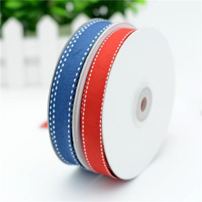 China Sustainable Wholesale White Line 15mm Double Sided Saddle Stitch Polyester Grosgrain Ribbon for sale