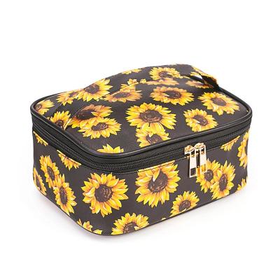 China Wholesale Personalized Fashion Sunflower Makeup Bag Women Zipper Leather Sunflower Cosmetic Case for sale