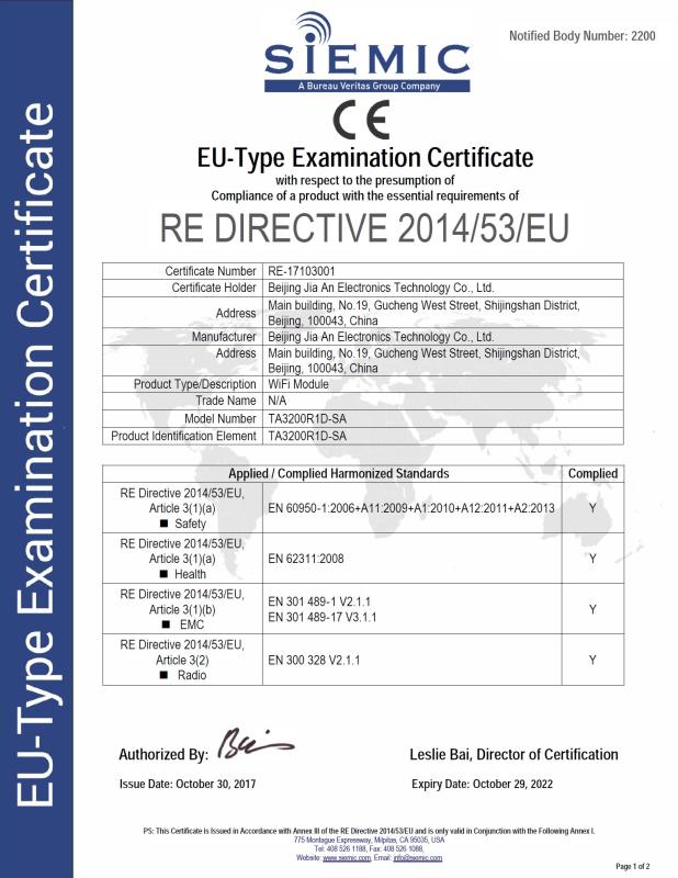 CE - Beijing Jiaan Electronics Technology Co., Ltd.