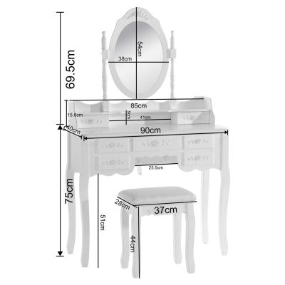 China (Other) HOTNIU Adjustable Vanity Dresser Vanity Table with Mirror and Stool 7 Drawer MDF and Solid Pine, White for sale