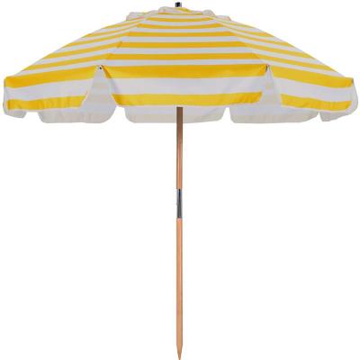 China Sun Wind Rain Make Heavy Duty Outdoor Beach Umbrella Wooden Handle Yellow White Striped Printed Beach Umbrella Large for sale