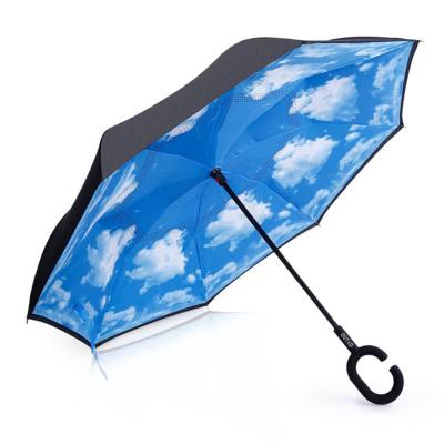 China Morden new design double layer fabric 8k luxury waterproof straight inverted umbrella with c-shape handle for sale