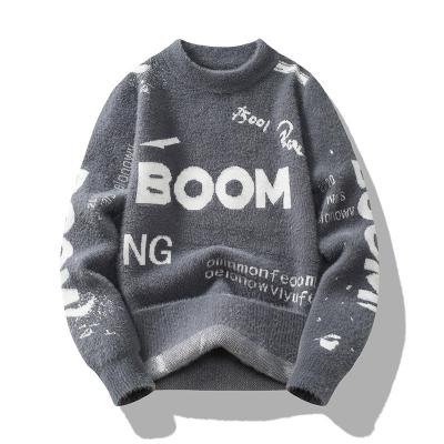 China Anti-wrinkle Men's Winter Sweater Custom LOGO OEM & ODM Trendy round Neck Youth Pullover with cable crew Letter Jacquard for sale