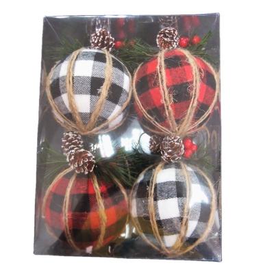 China Fabric and Foam Bauble Ball Hanging Decoration for Christmas Farmhouse Home Theme Buffalo Plaid RED and Black Gingham Ball for sale