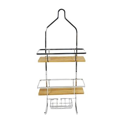 China Modern Bathroom Shower Caddy Storage Electroplating Rack With Bamboo Base for sale