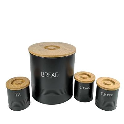 China Black Lid Round Bamboo Metal Food Canister Set With Bamboo Lid for sale