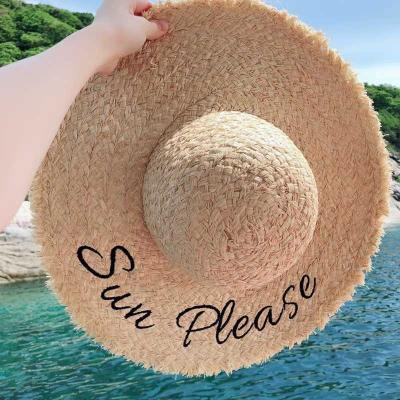 China Straw Hat Wide Brim Summer Seaside Beach Outdoor Sun Hat Character Embroidery Women's Hat Fashion Letter Oversized Soft Sunscreen for sale