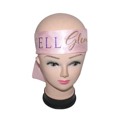 China Personality Name Satin Glitter Foil Logo Printing Satin Hair Wraps, Women Hair Extensions Wigs Washing Wrapping Head Band Link Belt for sale