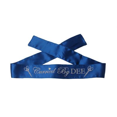 China Satin blue satin custom edge wraps band scarf, silver glitter logo on blue hair extensions bundles wigs wrap headband tie for sale