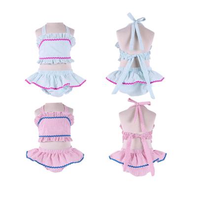 China 2 Piece Drawstring Ruffle Cotton Seersucker Fashion Summer Toddler Girls Breathable Swimsuit and Swimwear for sale