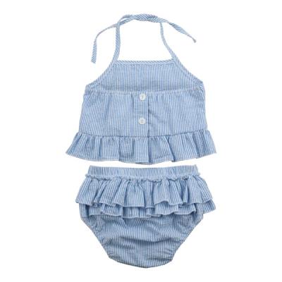 China Breathable 100%Cotton Seersucker Two Piece Sets Ruffles Beach Swimming Suits Toddler Girls Swimwear for sale