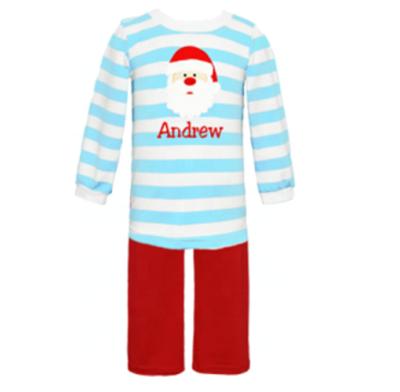 China Winter casual cotton knit two pieces cute cheap christmas boy set applique aqua red aqua red stripe senta kids breeches shirt for sale