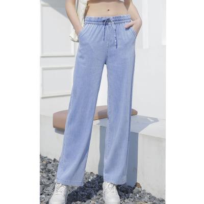 China Tencel Breathable Denim Fabric High Waist Loose Fashion Jeans Blue Fringed Straight Leg Wide Leg Womens Jeans for sale