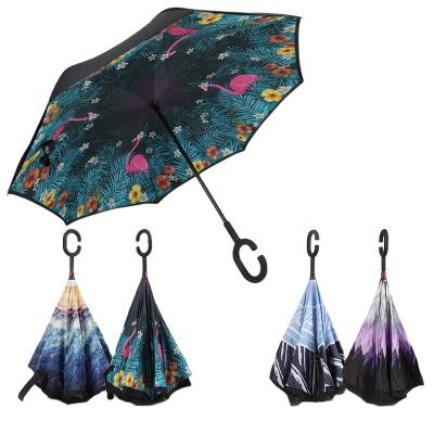 China Customized CLASSIC Logo Printed Cheap C Handle Double Layer Inverted Reverse Umbrella Umbrella for sale