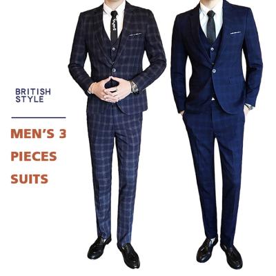 China Anti-Shrink Men's 3-Piece Classic Fitted Button Office Dress Checked Suit Jacket Blazer and Pleated Pants Set for sale