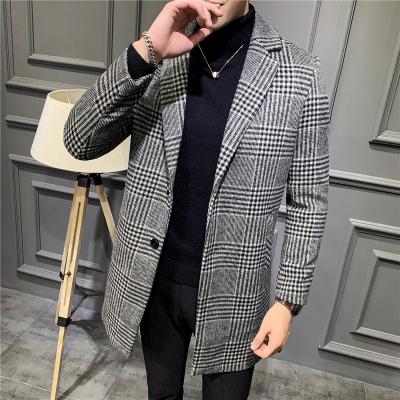 China Men's Cashmere Woolen Coat Business Plaid Pea Lapel Tweed Wool Fabric Ditch Mens Slim Fit Casual Anti-Shrink Long Coats For Men Winter for sale