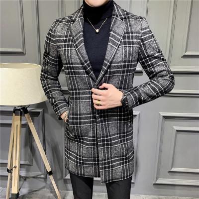 China Fashion Anti-Shrink British Business Plaid Pea Lapel Tweed Long Woolen Ditch Coat Mens Cashmere Woolen Coat Slim Fit Clothing Winter for sale