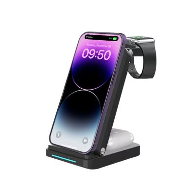 China Smart Watch Portable Fast Wireless Charging Stand Qi Certified Mobile Phone Charging Base 15W, For iPhone Samsung 3-in-1 Wireless Charger for sale