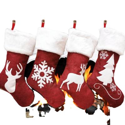 China Fiber Christmas Stocking Gift Bag Red Moose Embroidered Christmas Storing Christmas Gift for sale