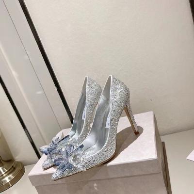 China Fashion 2023 luxury high-heeled shoes for women,ladies luxury designer crystal high-heeled shoes,women low-heeled suede glass slipper for sale