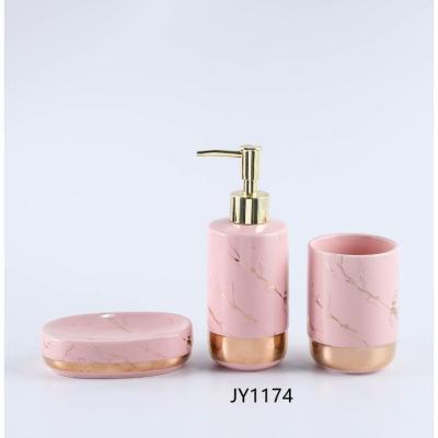 China Sustainable High Quality Modern 3 Piece Gold Hotel Streaked Accessory Lotion Dispenser Ceramic Bathroom Set for sale