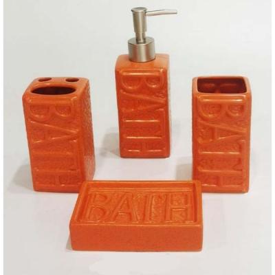 China Sustainable Wholesale High End Orange Ceramic Bathroom Set 4 Pcs Luxury Hotel Toothbrush Accessory Holder for sale